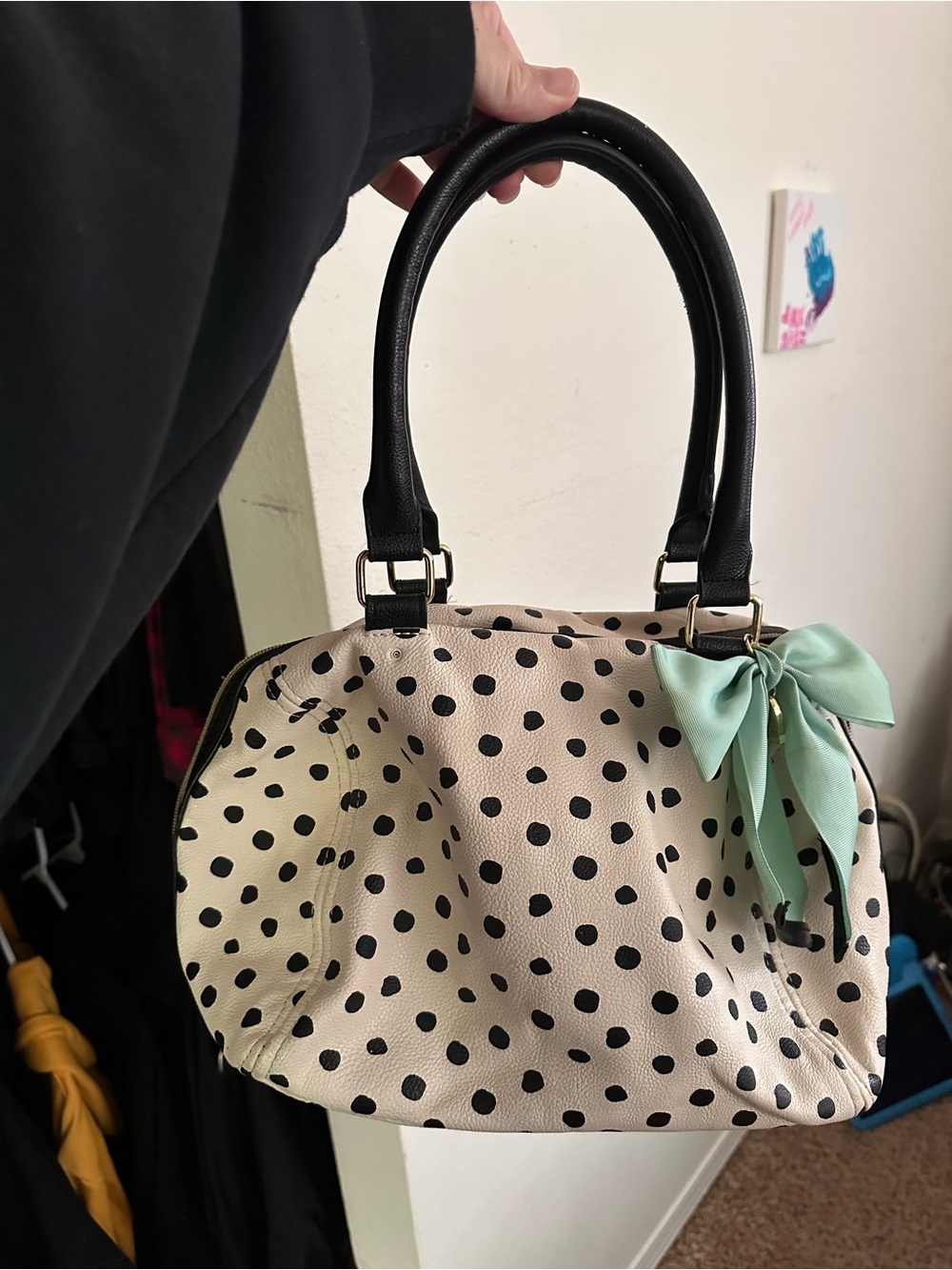 Betsy Johnson Dome satchel in black polka dots